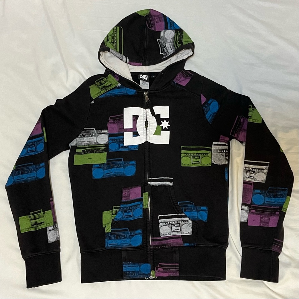 DC Multi-coloured Black Boombox Zip-up Hoodie Sweater Emo Scene Vintage Y2K